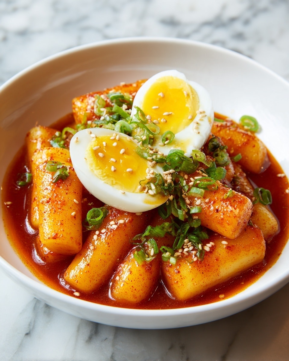 A white bowl filled with glossy, cylindrical rice cakes coated in a thick, shiny red sauce piled up to the top. The rice cakes have a slightly sticky texture and are scattered with white sesame seeds and small chopped green onions for contrast. On top of the rice cakes lay two halves of a boiled egg, showing off bright yellow yolks surrounded by smooth white edges. The background is a white marbled surface with soft-focus kitchen items behind, giving a fresh and clean look. photo taken with an iphone --ar 4:5 --v 7