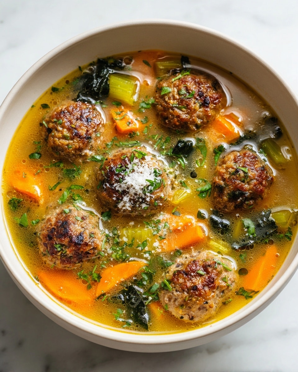 A white bowl holds a warm soup with about two layers visible: the first layer is a clear orange broth with small oil droplets on top, the second layer shows several browned meatballs that have a rough, textured surface with bits of green herbs inside, along with soft, bright orange carrot slices, crisp green celery pieces, and dark green leafy herbs scattered throughout. The soup is garnished with a sprinkle of white grated cheese and chopped fresh green herbs on top. The bowl is placed on a white marbled surface with some blurred green leaves in the background. photo taken with an iphone --ar 4:5 --v 7
