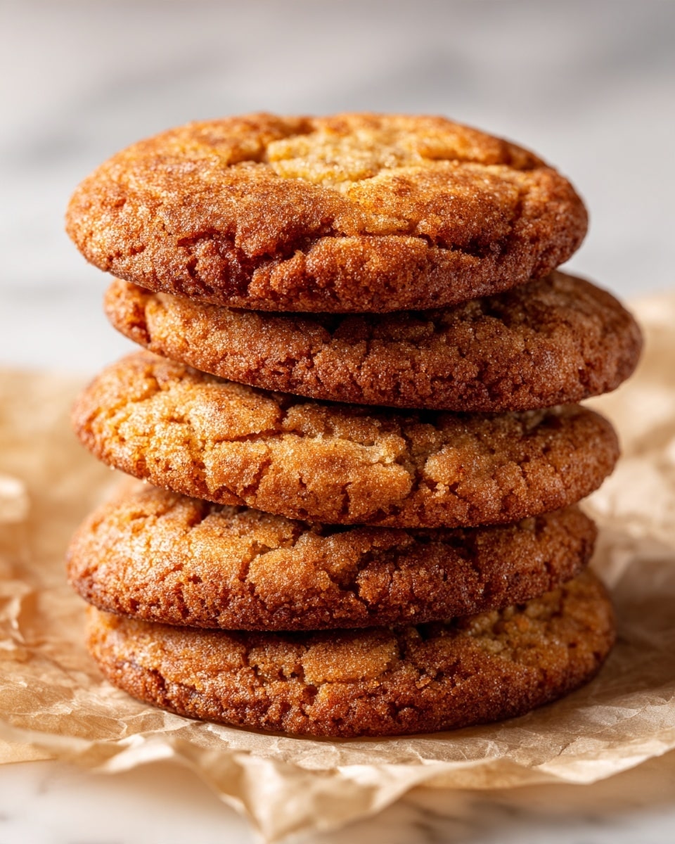 A close-up of six round cinnamon sugar cookies stacked on top of light brown parchment paper, showing a golden-brown top sprinkled with darker cinnamon specks, each cookie with a slightly cracked and soft texture, arranged casually overlapping each other on a white marbled surface. photo taken with an iphone --ar 4:5 --v 7