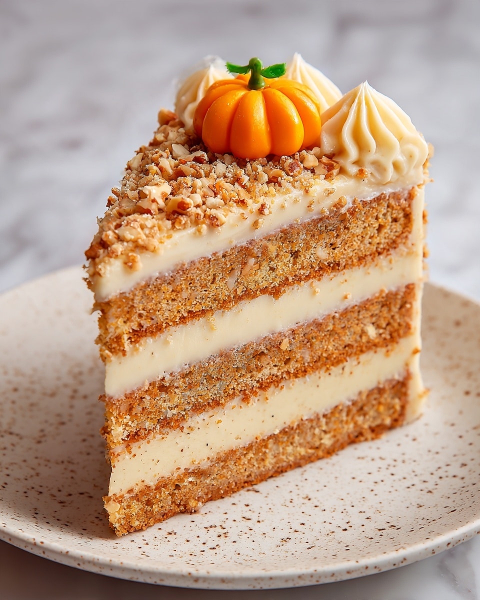 A close-up view of a two-layer cake slice on a white plate with small dark specks, set on a white marbled surface. The bottom layer is a light brown cake with a soft, airy texture, topped by a thin layer of smooth light orange cream. The top layer is a darker brown sponge cake with visible air pockets, covered with a thick layer of light orange frosting. On top of the frosting are small chopped nuts scattered around and a small orange pumpkin decoration centered on the edge. The background is softly blurred with warm beige and brown tones, featuring a blurred white bottle behind the cake slice. Photo taken with an iphone --ar 4:5 --v 7
