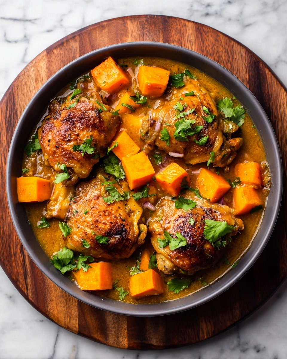 A bowl filled with a rich, thick orange-brown sauce covering four pieces of browned chicken thighs with crispy skin, mixed with large orange cubes of soft sweet potatoes and translucent chunks of cooked onions, all sprinkled with fresh green cilantro leaves and coarse salt flakes on top; the bowl is white with a dark rim, placed on a wooden board over a white marbled texture. photo taken with an iphone --ar 4:5 --v 7