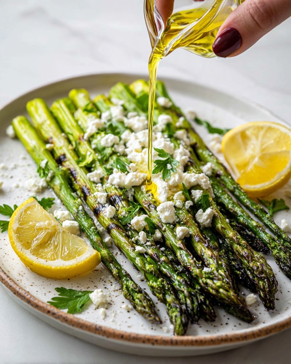 A white plate holds a layer of grilled green asparagus spears, each one with dark grill marks and a slightly charred texture. On top of the asparagus, there are small white crumbles of cheese spread evenly, along with scattered green parsley leaves. In the background of the plate, there are two bright yellow lemon pieces, one whole and one cut in half. A clear liquid, likely olive oil, is being poured from above onto the asparagus, catching the light as it flows over the vegetables. The plate is set on a white marbled surface. photo taken with an iphone --ar 4:5 --v 7