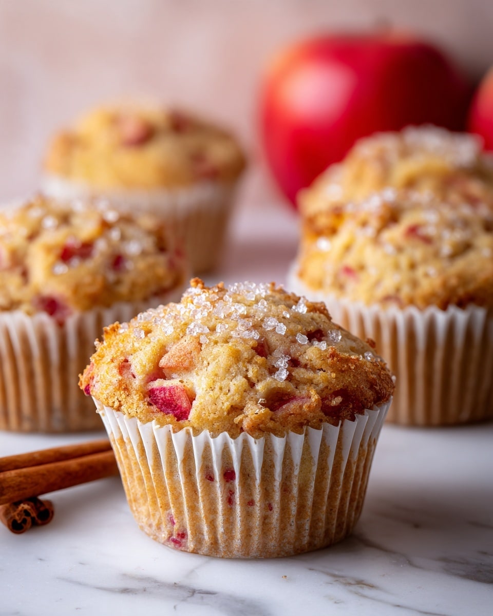 The image shows several apple muffins in white paper liners, each with a textured golden brown top dotted with small red and pale yellow apple pieces. The muffins are sprinkled with coarse sugar crystals that sparkle on the surface, giving a slightly crunchy look. The muffins are placed on a white marbled texture surface, with a whole red apple and cinnamon sticks blurred in the background, adding a warm, cozy feel to the scene. The focus is on a single muffin in the center, making the texture and apple pieces very clear. photo taken with an iphone --ar 4:5 --v 7