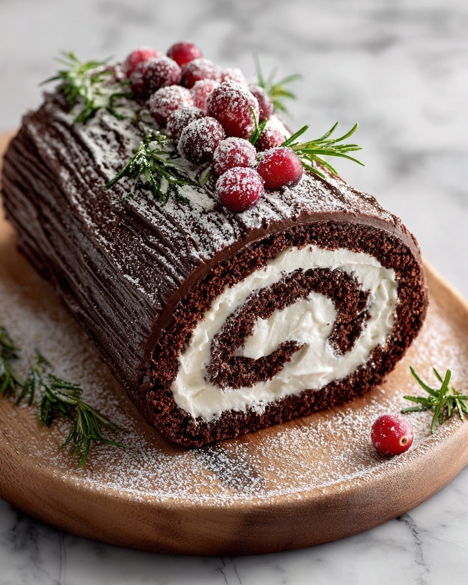 The image shows a chocolate roll cake with one visible spiral layer of light cream filling inside dark brown chocolate sponge, coated with textured dark chocolate frosting that looks like tree bark. On top and around the cake are bright red sugared cranberries and small sprigs of green rosemary. The cake is placed on white parchment on a round wooden board, with a white marbled surface in the background. Photo taken with an iphone --ar 4:5 --v 7