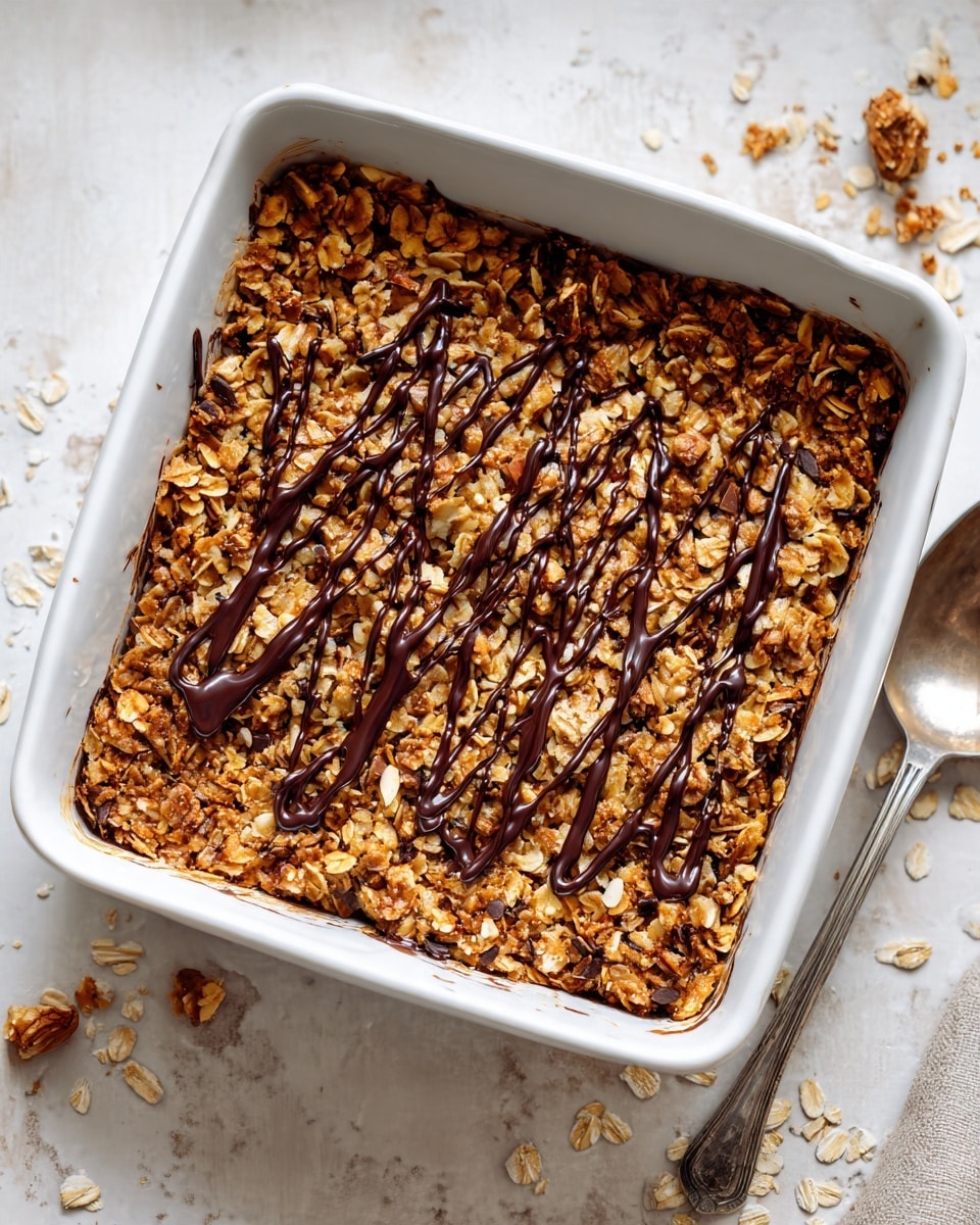 A white square baking dish filled with a thick golden brown granola bar layer topped with oats and drizzled with dark chocolate in wavy lines. The granola bar has a rough texture, with visible oats and nuts embedded. The dish sits on a white marbled surface next to a silver spoon. photo taken with an iphone --ar 4:5 --v 7