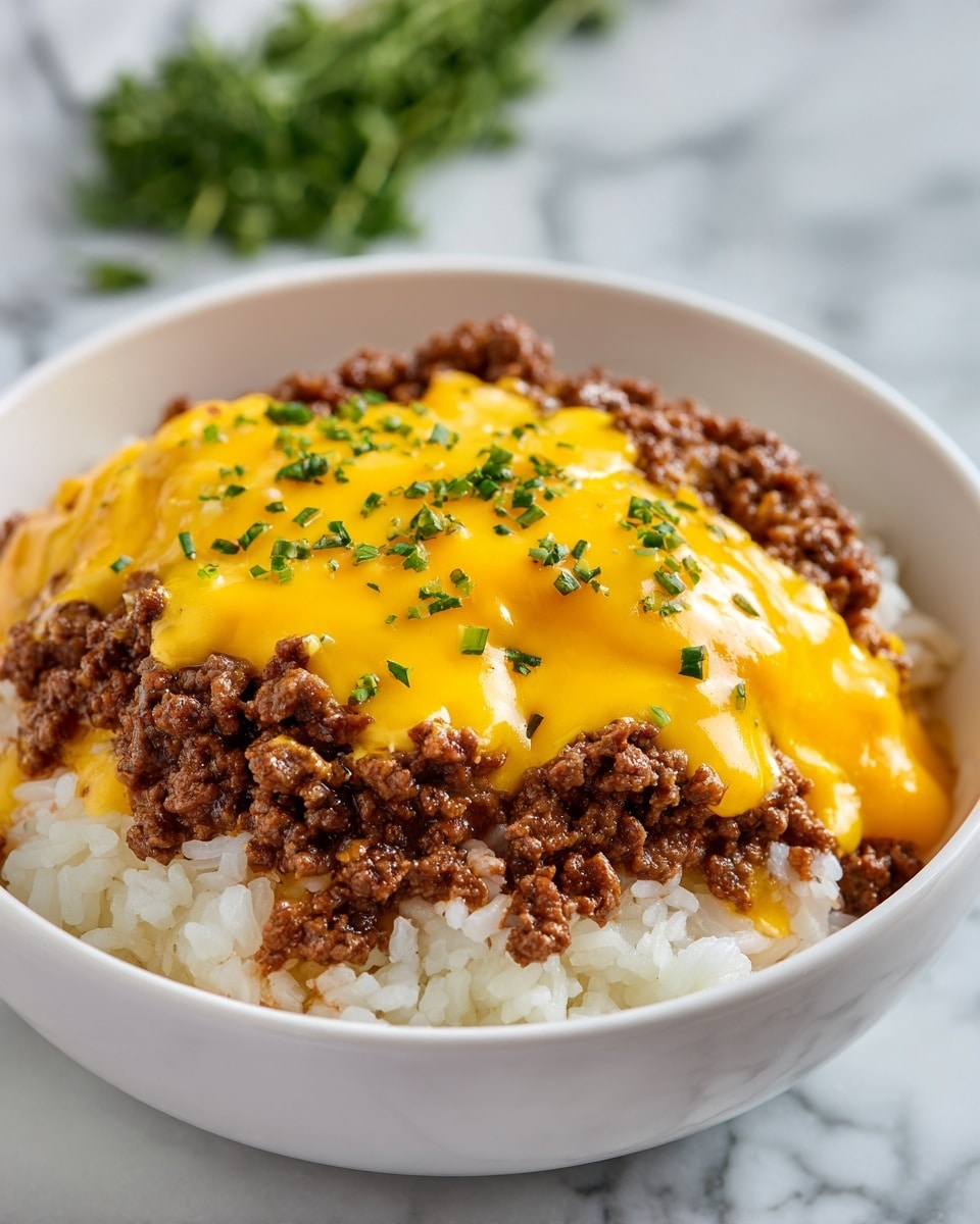 A white bowl filled with three layers: the bottom layer is soft white rice mixed with bits of browned ground beef, the middle layer is a thick heap of browned ground beef, and the top layer is melted yellow and white cheddar cheese that looks gooey and smooth. Small pieces of chopped green herbs are sprinkled evenly over the cheese. The bowl sits on a white marbled surface with some green herbs blurred in the background. photo taken with an iphone --ar 4:5 --v 7