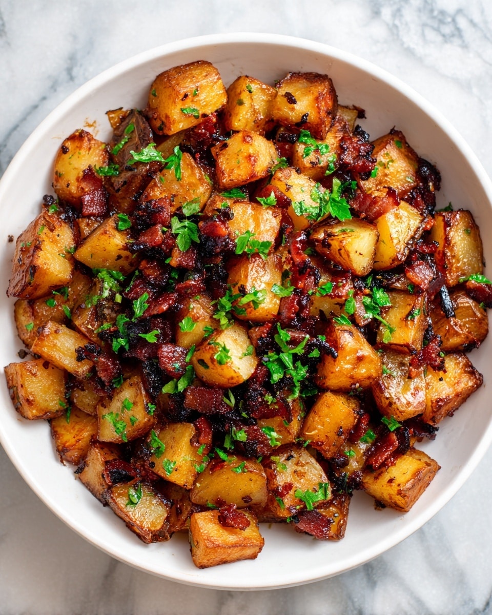 A white bowl is filled with a single layer of browned, cubed potatoes that have a crispy texture and golden color. Mixed closely with the potatoes are small, irregular pieces of dark reddish-brown bacon that look crispy and slightly caramelized. Scattered finely on top and mixed in are small green parsley leaves, adding a fresh touch of color. The dish has a shiny, oily glaze from cooking, making it look hot and tasty. The bowl sits on a white marbled texture. photo taken with an iphone --ar 4:5 --v 7