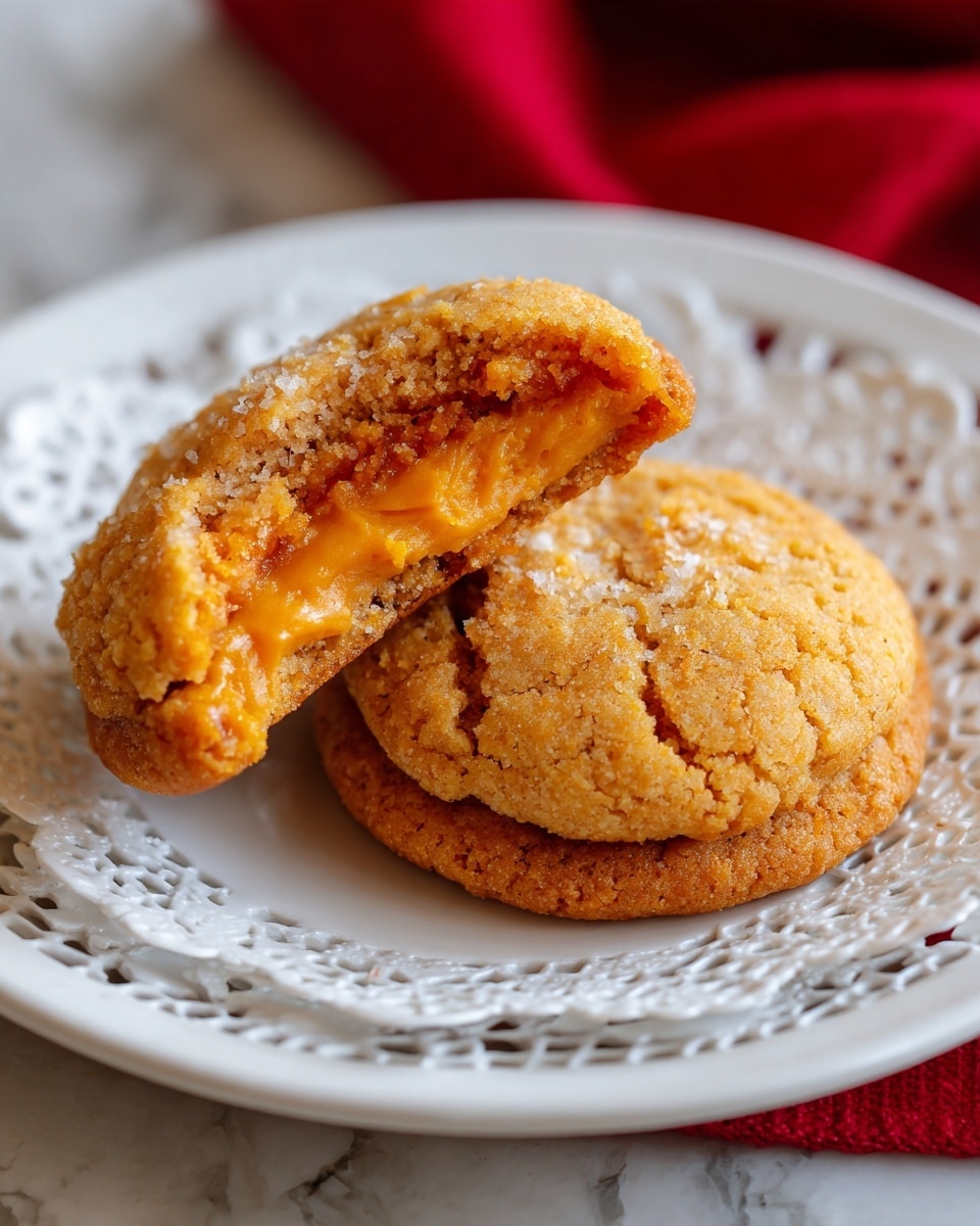 The image shows a close-up of a white ceramic plate holding several pumpkin pie cookies. The cookies have a thick, crinkled golden-brown crust surrounding a smooth, deep orange pumpkin filling in the center. One cookie in the center is torn open slightly to reveal the soft and gooey texture of the pumpkin filling inside. A woman's hand is holding one cookie gently from the bottom left corner of the plate. The plate sits on a white marbled surface with warm, soft lighting highlighting the rich colors and textures of the cookies. Photo taken with an iphone --ar 4:5 --v 7