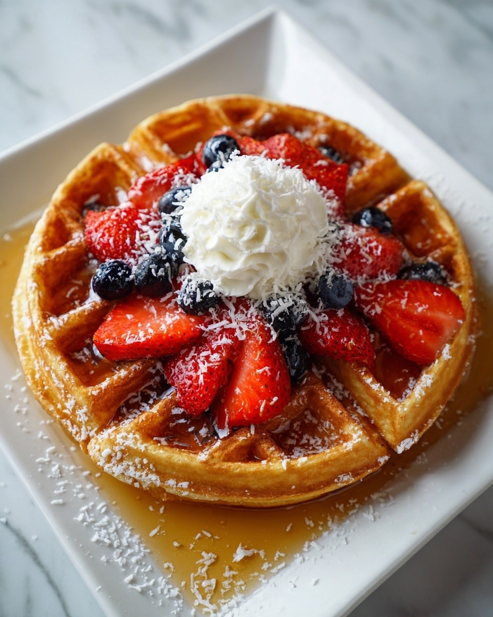 A close-up of a golden-brown waffle with deep square pockets, placed on a white square plate on a white marbled surface. On top of the waffle, there is a layer of fresh red strawberry halves and whole dark blue blueberries scattered evenly. In the center, a small dollop of white whipped cream sits on the fruit, topped with fine white shredded coconut sprinkled all over. The waffle edges show a crisp texture, and light syrup pools in the pockets and around the base, creating a shiny, moist look. photo taken with an iphone --ar 4:5 --v 7