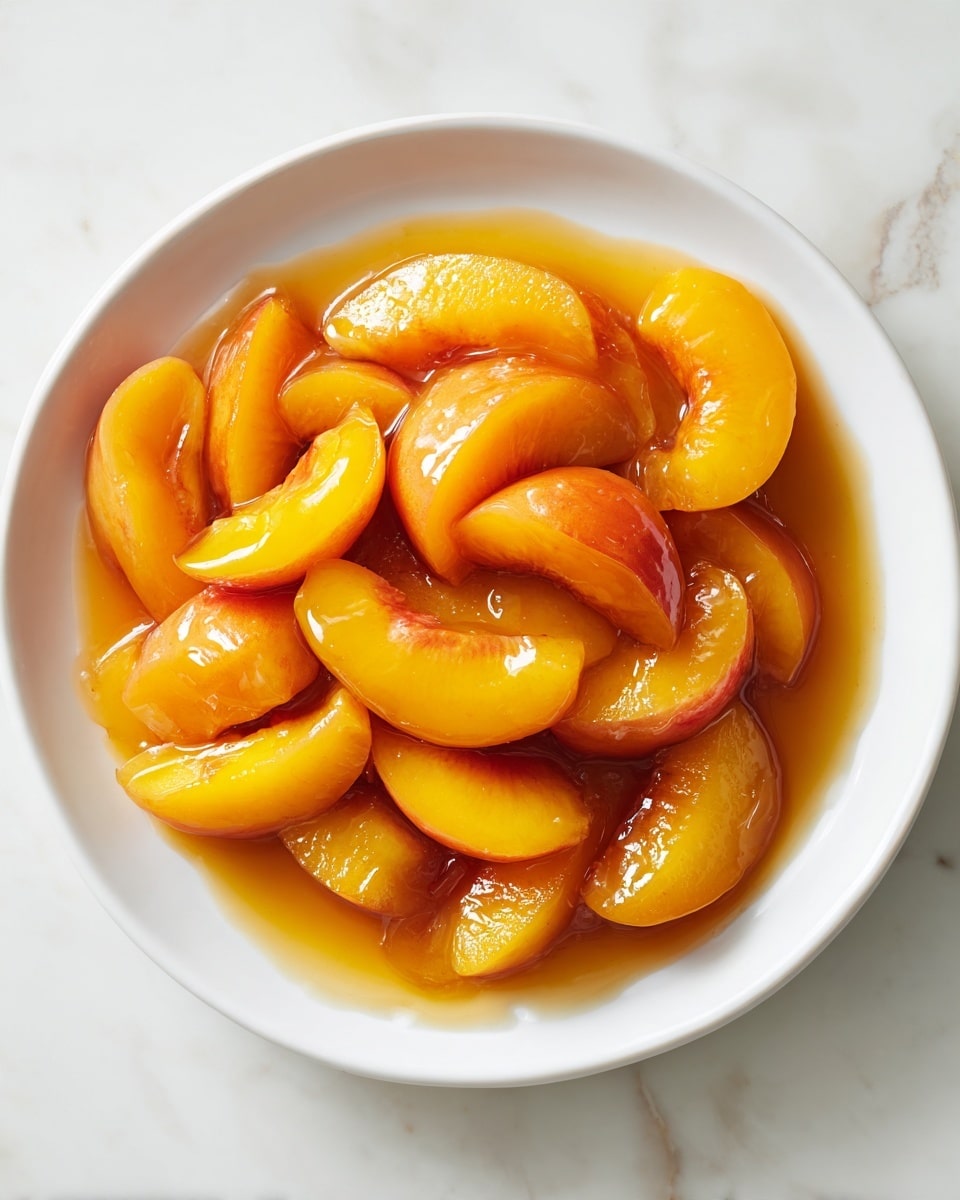 This image shows a white plate filled with sliced peaches arranged in one layer. The peaches have a shiny, juicy look with a mixture of bright orange and red skin and soft yellow flesh. The fruit is covered in a thick, glossy caramel sauce that pools slightly around the peach slices, giving a rich, sticky texture and deep golden brown color. The background is a white marbled surface. photo taken with an iphone --ar 4:5 --v 7