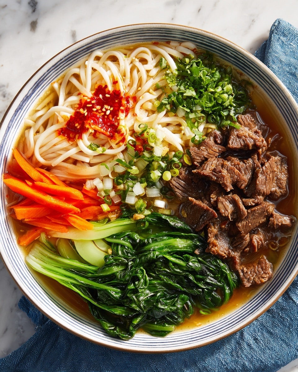 A white bowl with thin blue stripes holds a colorful noodle soup with several layers. At the bottom, light brown broth fills the bowl and shows diced onions mixed in. Thin, white noodles form a loose tangle on the left side, partly topped with red chili oil. Slices of bright orange carrot rest around the noodles. On the right side, dark brown chunks of cooked beef lay against the broth, some with touches of chili flakes. Bright green leafy vegetables with thick stems are placed next to the beef on the far right edge. In the middle, a small pile of fresh green chopped herbs is seen above a small amount of pale beige bamboo shoots. The bowl sits on a white marbled surface with a blue cloth nearby, photo taken with an iphone --ar 4:5 --v 7