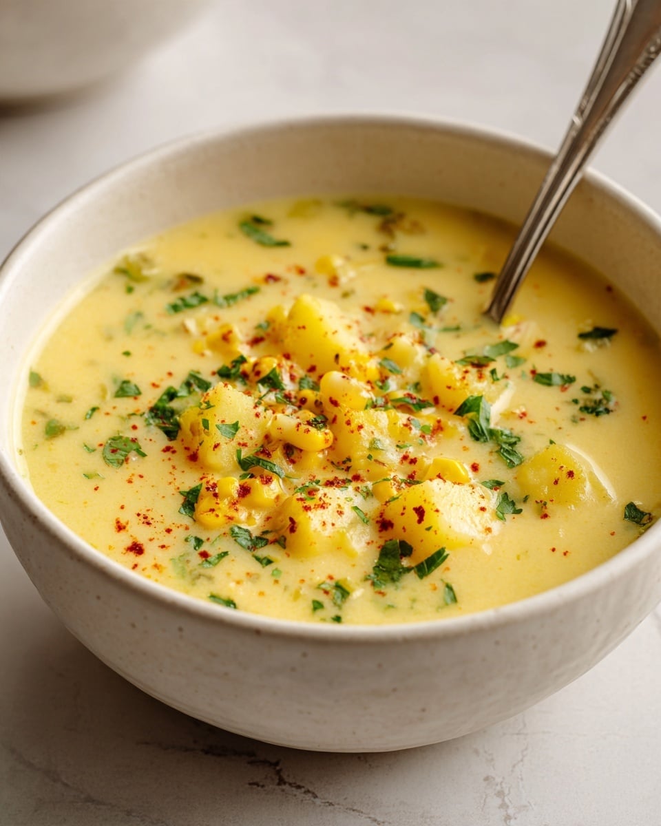 The image shows a white bowl filled with a creamy yellow soup, filled with small potato chunks and corn pieces. The soup looks thick and smooth, with some green herbs sprinkled on top, along with a light dusting of reddish spice. A spoon is partly visible, resting inside the bowl on the right side. The bowl sits on a white marbled surface. photo taken with an iphone --ar 4:5 --v 7