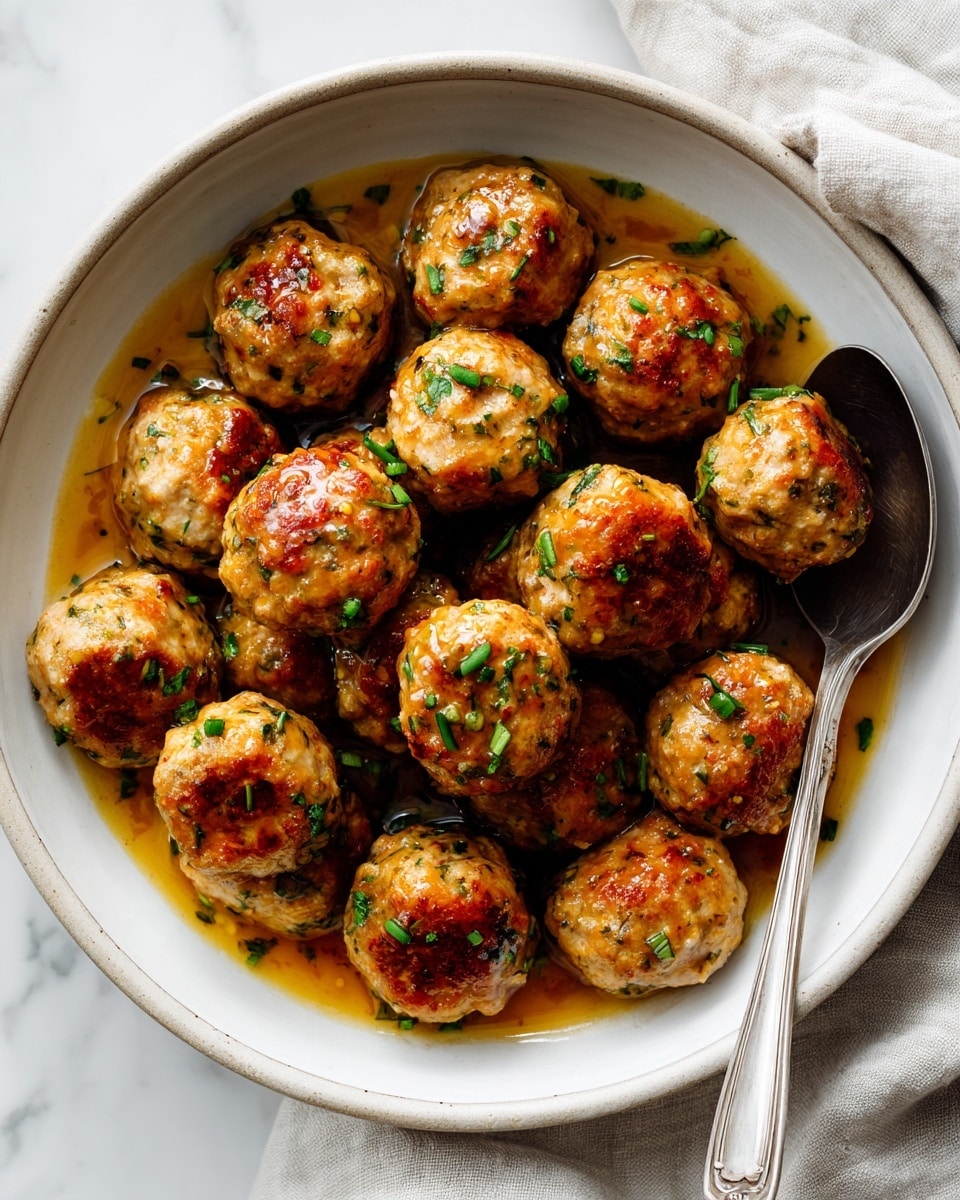 A rustic white bowl filled with about twenty small, round meatballs that are golden brown with a slightly crispy texture on the outside. The meatballs are covered with a light, shiny brown sauce that adds a glossy look, and they are sprinkled with thinly sliced green herbs scattered on top. A silver spoon rests inside the bowl on the right side, with the bowl placed on a white marbled surface with some soft cloths around it. photo taken with an iphone --ar 4:5 --v 7