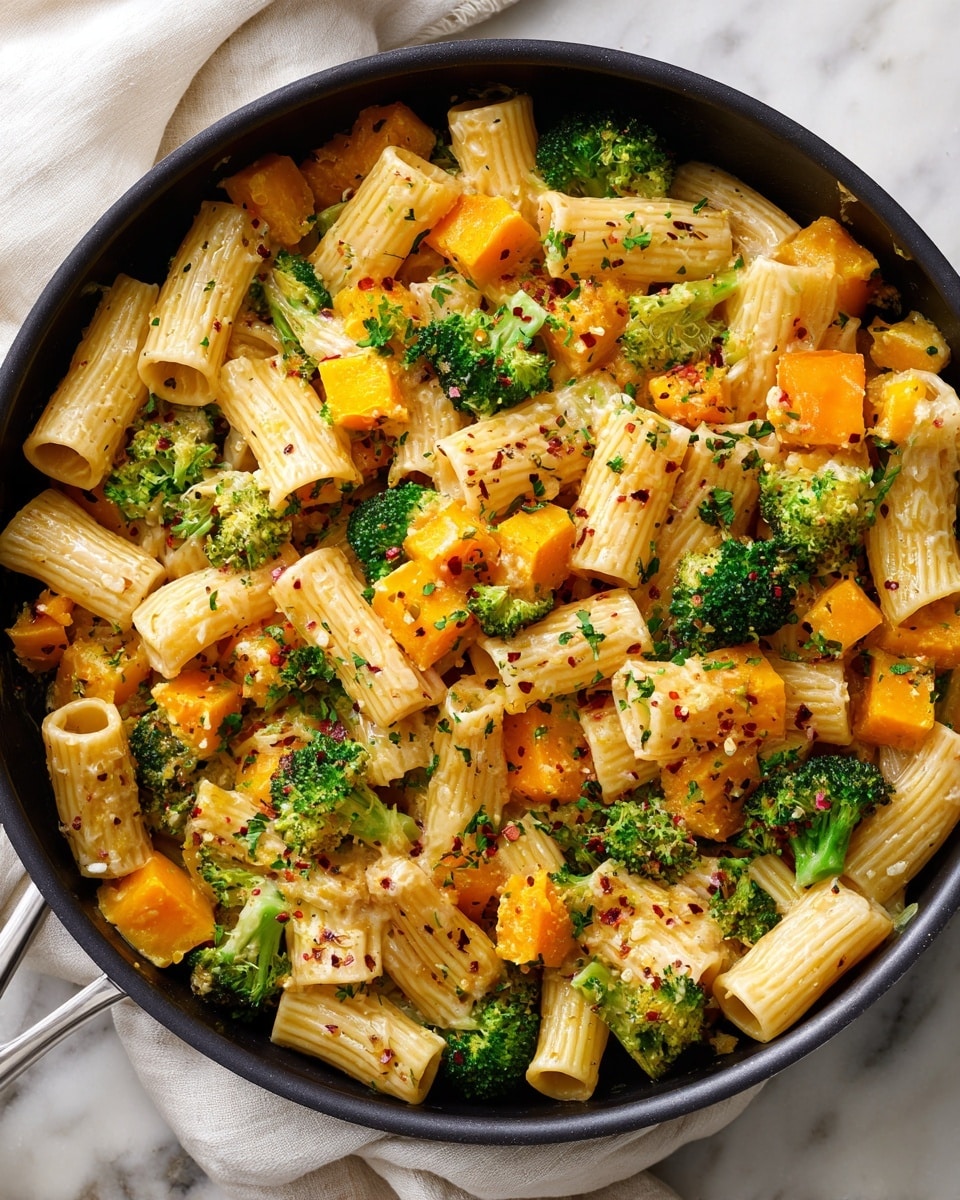 A close-up image of a large black skillet filled with cooked rigatoni pasta mixed with bright orange chunks of butternut squash and green broccoli florets, all coated lightly in a creamy sauce. The textures show the pasta smooth and firm, the squash soft with slightly rough edges, and the broccoli fresh with small, tight buds. Small bits of seasoning and herbs are sprinkled on top, adding a touch of green and red specks throughout. The skillet is placed on a white marbled surface with a white cloth napkin beside it. Photo taken with an iphone --ar 4:5 --v 7