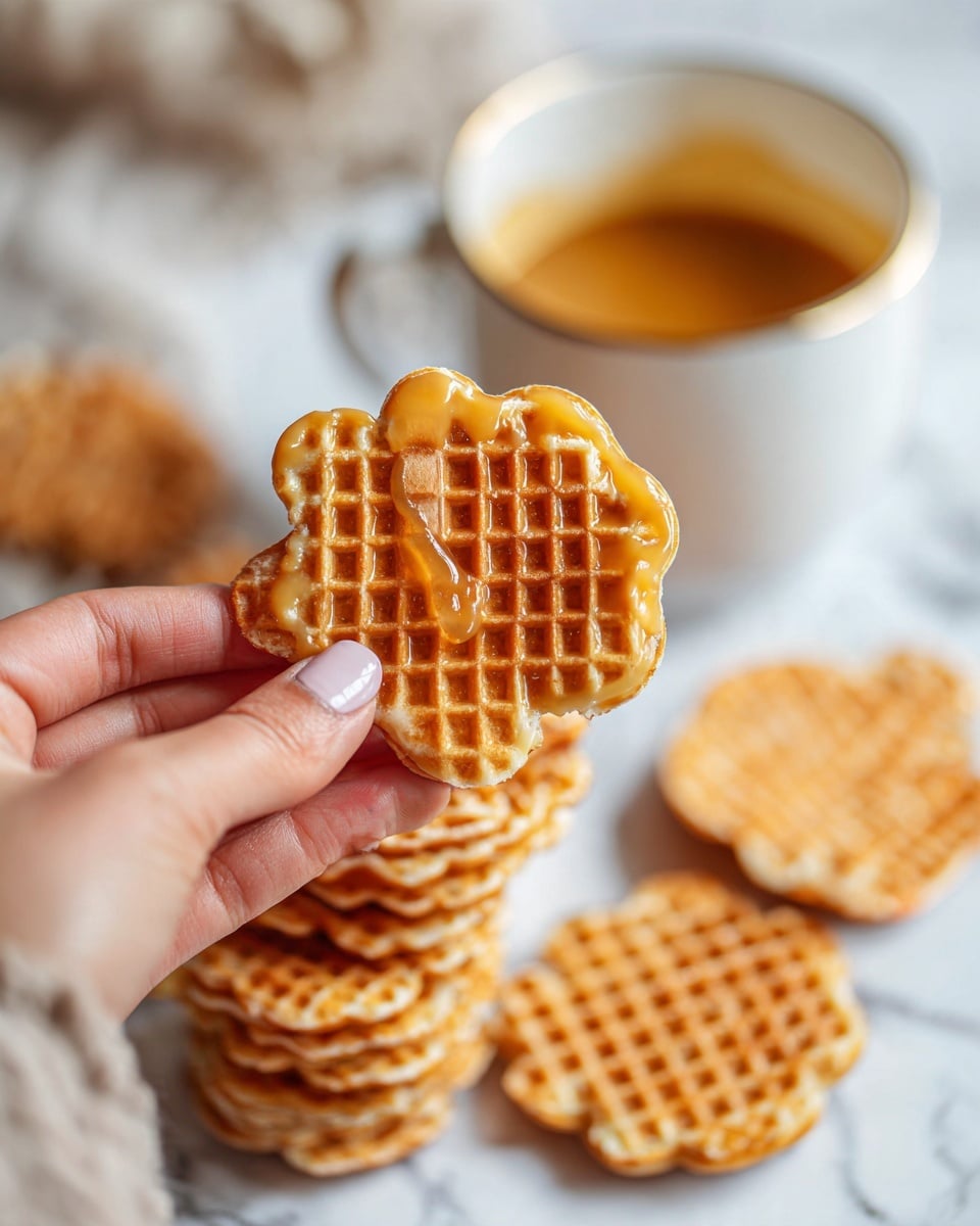 A woman's hand is holding a folded stroopwafel cookie showing its light brown waffle pattern with a smooth caramel filling inside. Below, there are several whole stroopwafels scattered on a white marbled surface, their waffle grid clearly visible with warm golden tones. In the background, a white ceramic cup with some caramel sauce inside is slightly out of focus, blending softly with the white marbled texture. Photo taken with an iphone --ar 4:5 --v 7