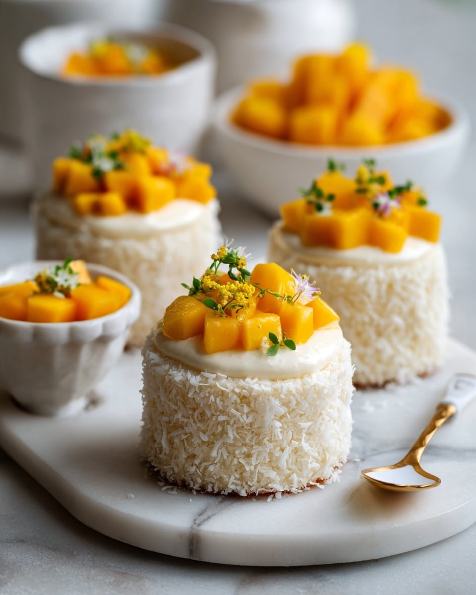 The image shows three small round cakes on a white marbled surface, each coated with shredded coconut around the sides. Each cake has two layers: a white creamy bottom topped with a light orange creamy layer, with chunks of bright yellow mango pieces scattered on top. Small yellow flowers and green herbs decorate the cakes and the surface around them. There is a white plate in the background with more mango pieces and a woman’s hand holding a golden spoon near the front cake. The overall look is fresh, bright, and inviting. Photo taken with an iphone --ar 4:5 --v 7