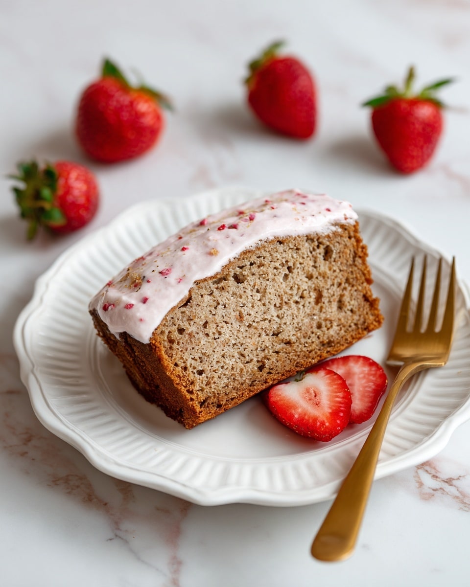 A slice of moist brown bread with visible small seeds on the surface sits on a white plate with scalloped edges, surrounded by fresh red strawberry halves with green stems scattered around. The top layer of the bread slice has a spread of pinkish-red chunky strawberry jam. A golden fork rests next to the bread on the plate, and a woman's hand with painted nails is about to pick up the fork. The whole scene is set on a white marbled surface. photo taken with an iphone --ar 4:5 --v 7