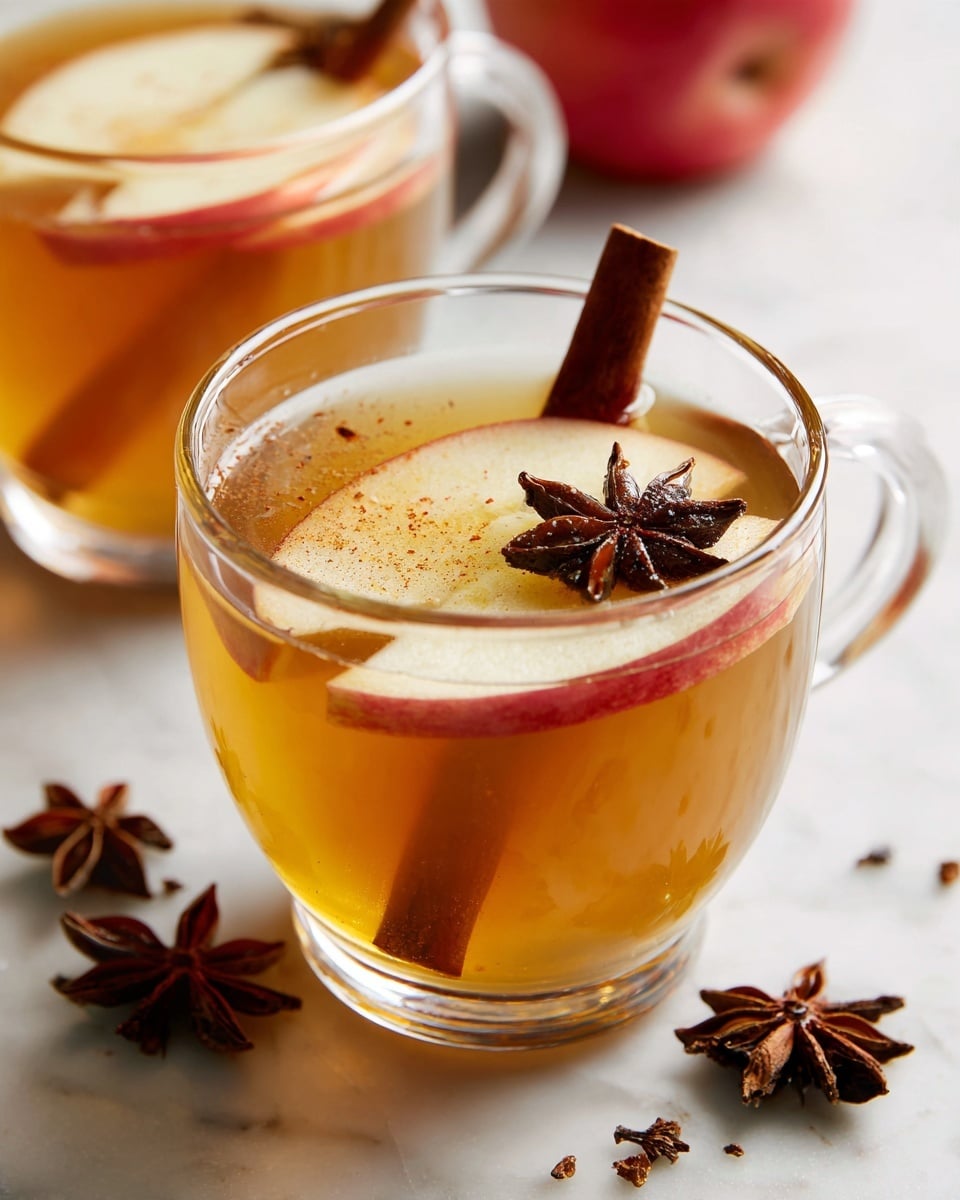 A clear glass cup filled with a warm light brown drink, layered with two thin apple slices floating on the top, showing their pale yellow flesh and red edges, alongside two cinnamon sticks standing upright and a dark brown star anise resting on the surface. The cup sits on a white marbled surface scattered with loose star anise, with a soft focus red apple in the background and another similar cup partially visible. Photo taken with an iphone --ar 4:5 --v 7
