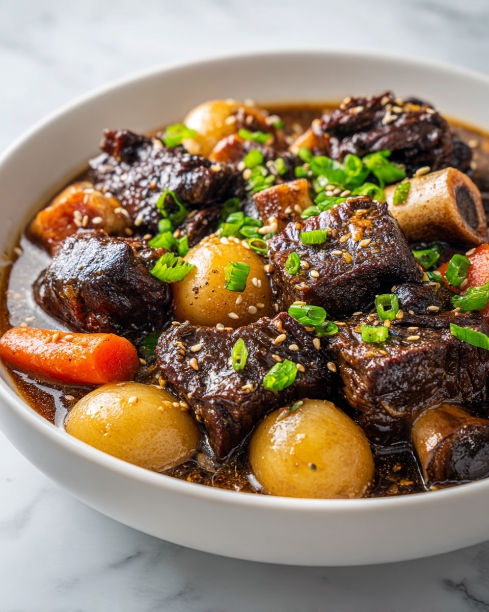 A white bowl filled with a stew showing three main layers: large dark brown beef chunks with a slightly shiny surface sprinkled with sesame seeds and bright green sliced scallions on top; medium-sized orange carrot pieces and red baby potatoes with a smooth look; pale beige potato cubes and light brown bone pieces with hollow centers. Everything looks moist with a glossy brown sauce coating and small sesame seeds scattered around. The bowl is placed on a white marbled surface with soft natural light coming from the side. Photo taken with an iphone --ar 4:5 --v 7