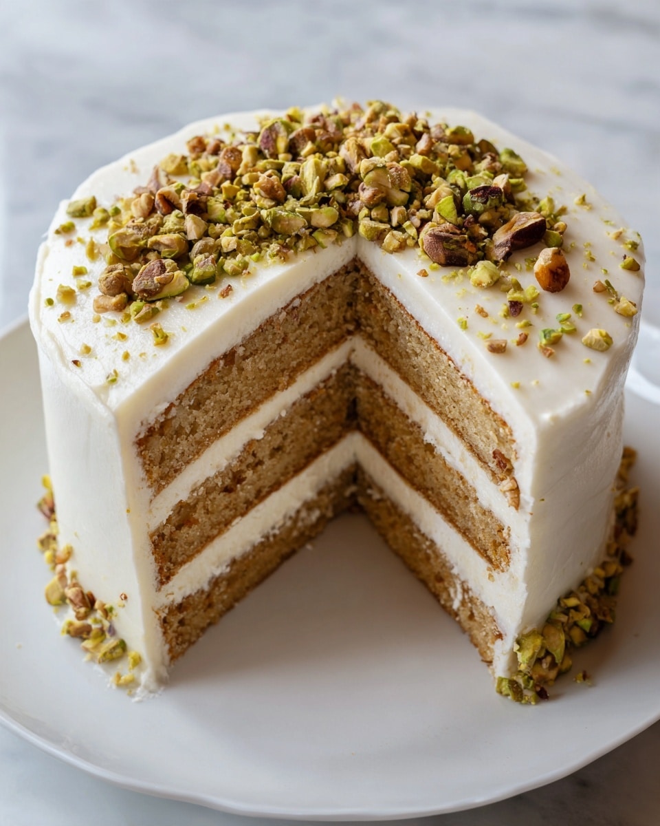 A round cake with three visible layers of light brown sponge, each separated by a thick layer of white cream. The whole cake is covered smoothly with the same white cream frosting. On top, there is a small pile of chopped nuts, mainly green pistachios and some brown pieces, placed in the center. The cake sits on a simple white plate, all on a white marbled surface. Photo taken with an iphone --ar 4:5 --v 7