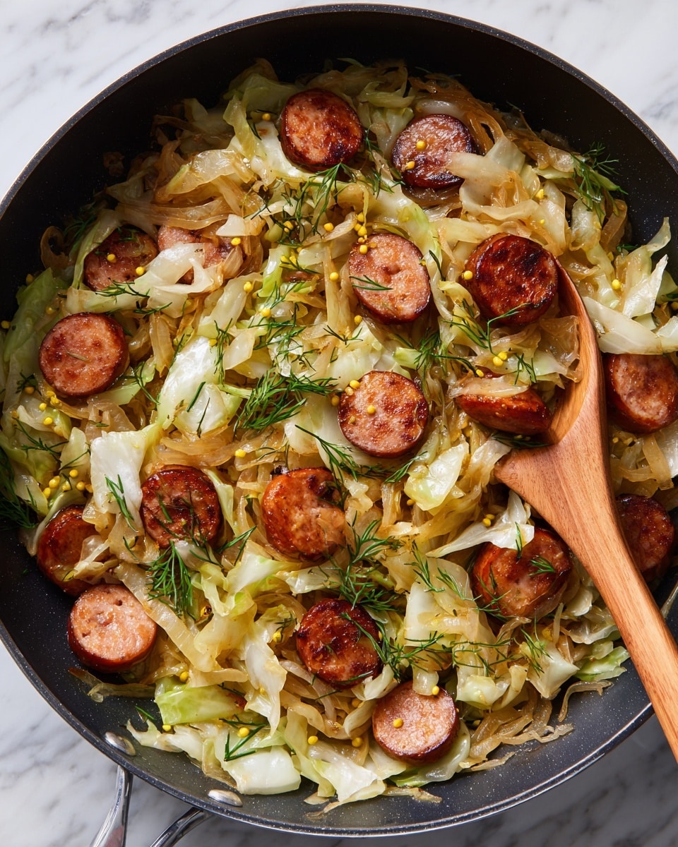 The image shows a cooked dish in a black pan with a wooden spoon resting inside. The dish has three main layers: the first layer is light green and white cabbage pieces that look soft and slightly wilted, scattered evenly throughout. The second layer consists of thin, translucent, caramelized onion strips with a golden brown color, mixed well with the cabbage. The third layer contains round, sliced sausage pieces with a rich reddish-brown color, cooked to perfection with a slight shine from the oil. Tiny yellow mustard seeds and small sprigs of fresh green dill are sprinkled lightly on top. The background is a white marbled texture. photo taken with an iphone --ar 4:5 --v 7