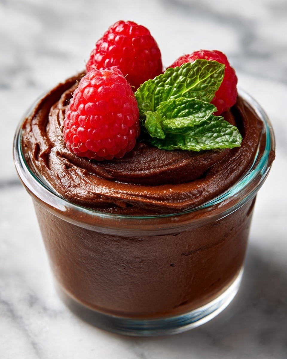 A small clear glass cup filled with a rich, dark brown chocolate mousse showing a soft and slightly rough texture on top. Two bright red raspberries with small seeds and natural details sit on the mousse, slightly sinking in. A fresh green mint leaf with visible veins is placed between the raspberries, adding color contrast. The cup is placed on a white marbled texture surface that adds a clean and elegant look to the image. photo taken with an iphone --ar 4:5 --v 7