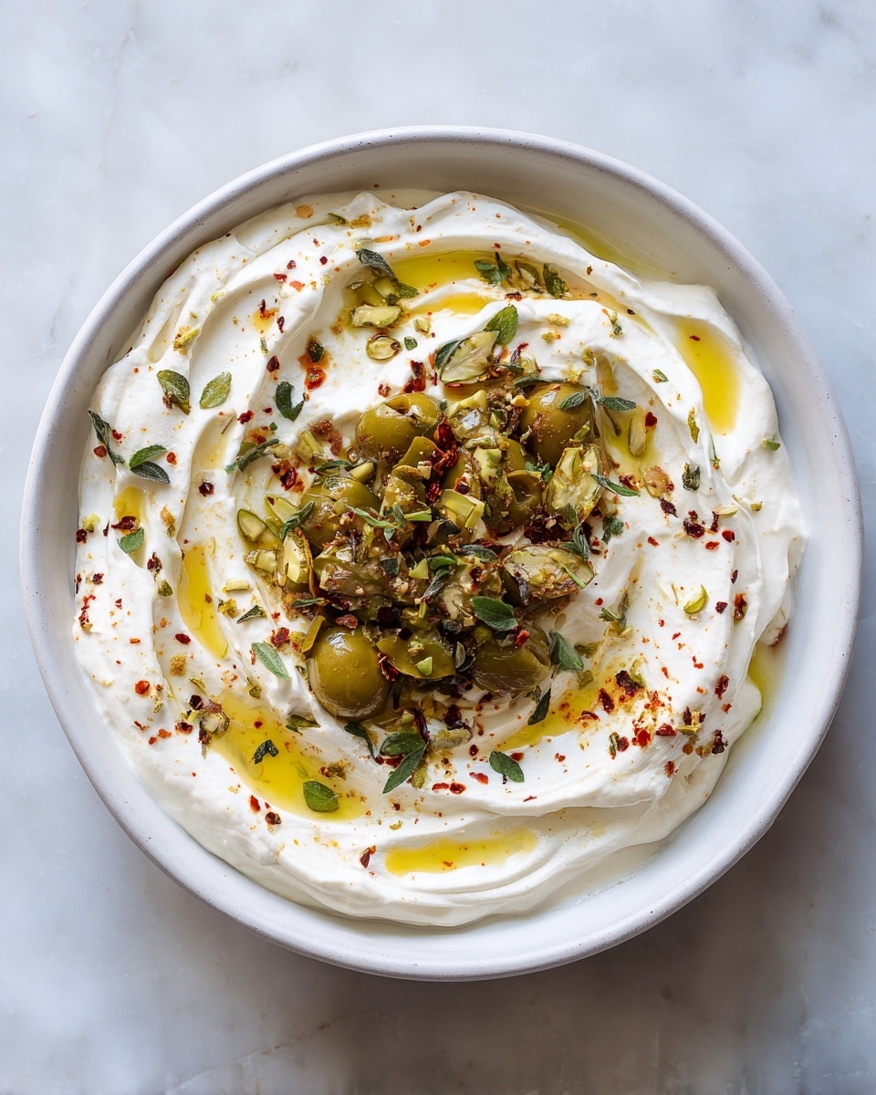 A shallow white bowl holds a base layer of thick, creamy white spread with a smooth, slightly whipped texture and swirling patterns around the edges. On top, there is a pile of chunky green olives, roughly chopped, with visible seeds and a juicy, soft texture, placed in the center. The olives sitting in a pool of golden olive oil, which also glistens on the spread, making it look rich and moist. The dish is dotted with small flakes of red chili pepper, adding a touch of color and texture on the white spread and olives. A couple of small green herb leaves are placed on top to add detail. The bowl is set against a white marbled texture. photo taken with an iphone --ar 4:5 --v 7