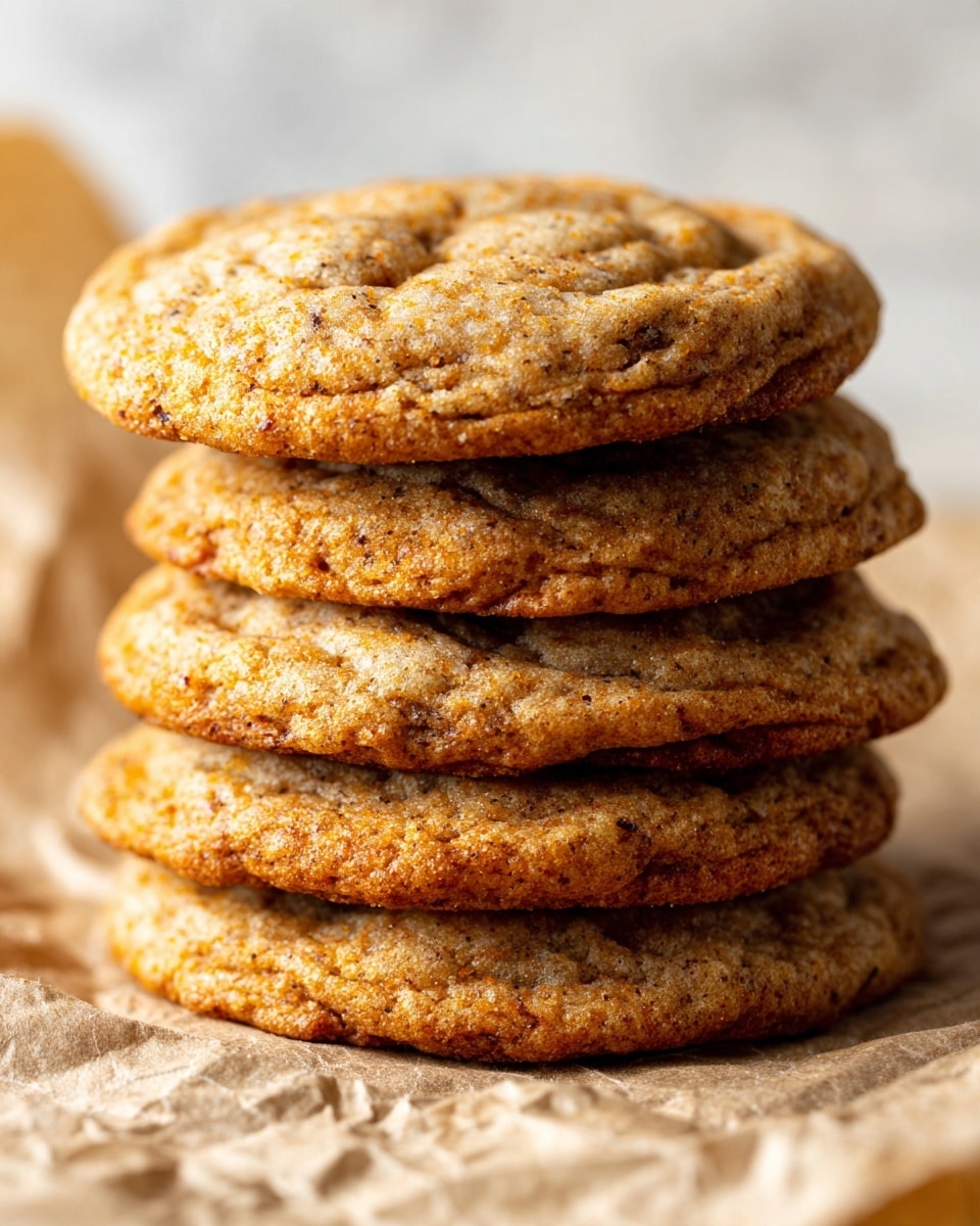 The image shows a close-up of five round cookies stacked slightly on each other, placed on crinkled light brown parchment paper. The cookies have a golden-brown color with darker brown speckles and a textured surface that looks soft and chewy. Each cookie is thick with a slightly crinkled top, showing uneven browning and a slightly glossy finish that hints at richness. The background is a white marbled texture. Photo taken with an iphone --ar 4:5 --v 7