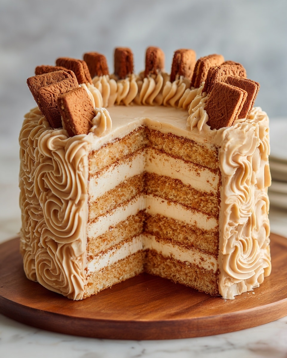 The image shows a tall, three-layer light brown cake with smooth, creamy frosting between each layer. The cake is covered in a light caramel-colored icing that flows evenly on the sides and top. The top edge of the cake is decorated with a ring of broken, square and circular cookies that are a darker brown, adding a crunchy texture contrast. The cake stands on a light wooden board, placed against a white marbled texture background with some green leaves partially visible on the side. photo taken with an iphone --ar 4:5 --v 7