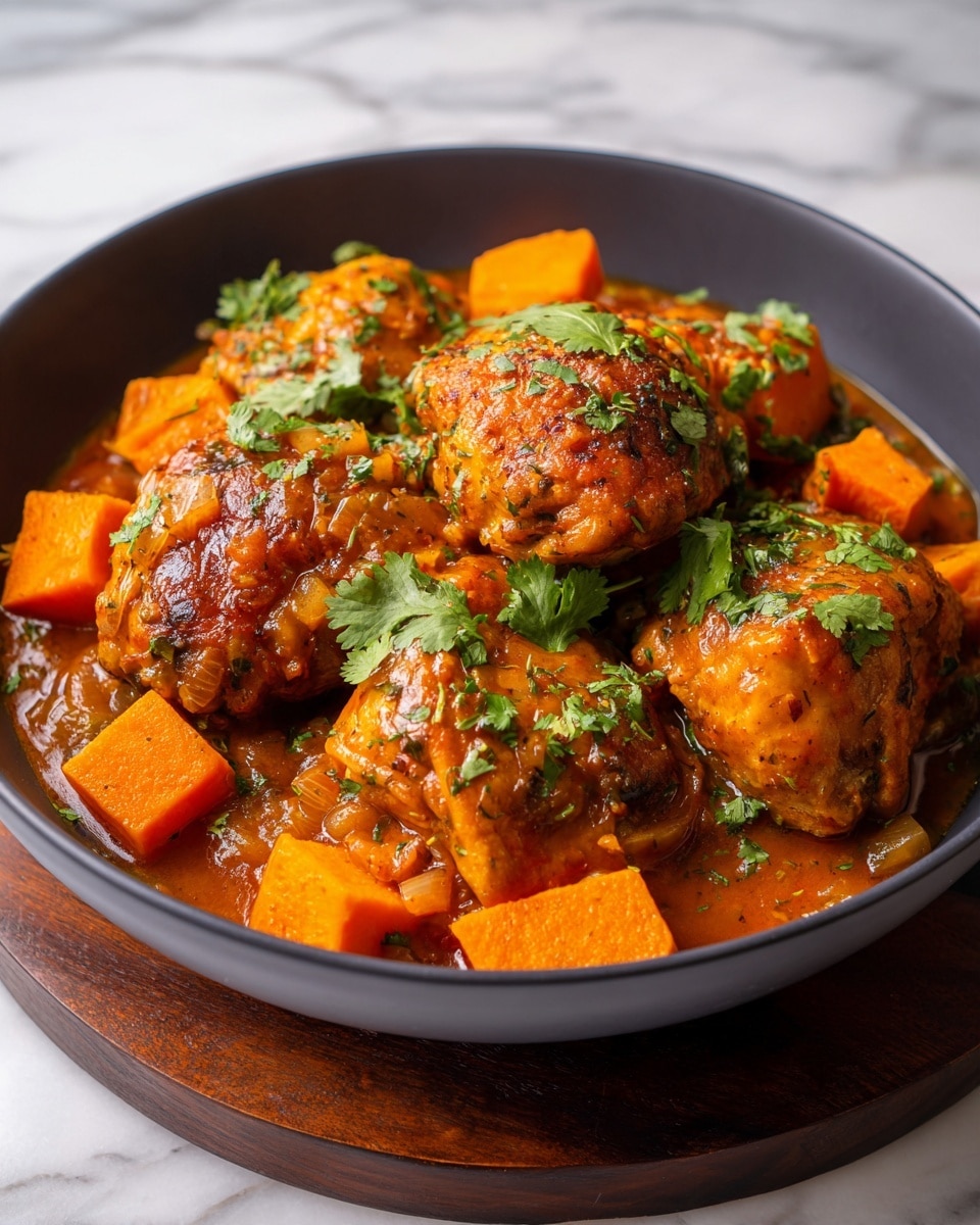 A dark gray bowl filled with a stew showing four pieces of brown glazed chicken thighs at the center with visible skin texture, surrounded by large bright orange sweet potato cubes. The stew has a thick orange-brown sauce with small chunks of translucent onions mixed in. Fresh green cilantro leaves are scattered on top of the chicken and sweet potatoes, adding color contrast. The bowl is set on a round dark wooden board, all placed on a white marbled surface. Photo taken with an iphone --ar 4:5 --v 7