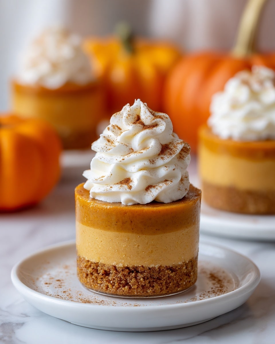 A small dessert cup with two distinct layers sits on a white plate with cinnamon sprinkled around it; the bottom layer is a thick, crumbly, textured crust in a golden brown color, while the top layer is a smooth, dense pumpkin filling in a deep orange shade; on top, there is a large swirl of white whipped cream dusted with light brown cinnamon powder, creating a soft and fluffy texture. In the background, blurred similar dessert cups and orange pumpkins can be seen, all placed on a white marbled surface. Photo taken with an iphone --ar 4:5 --v 7