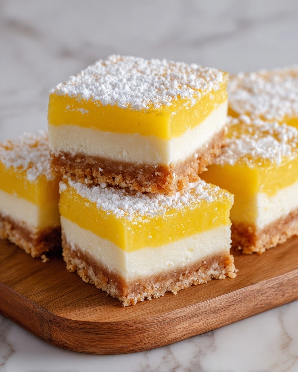 The image shows several square dessert bars stacked closely together on a wooden board, each bar having three distinct layers. The bottom layer is a light brown crumbly crust, the middle layer is a smooth, creamy off-white custard, and the top layer is a bright yellow, glossy lemon layer sprinkled with white powdered sugar. The bars have clean, sharp edges and a soft texture that contrasts with the crumbly crust below. The background features a white marbled texture. photo taken with an iphone --ar 4:5 --v 7