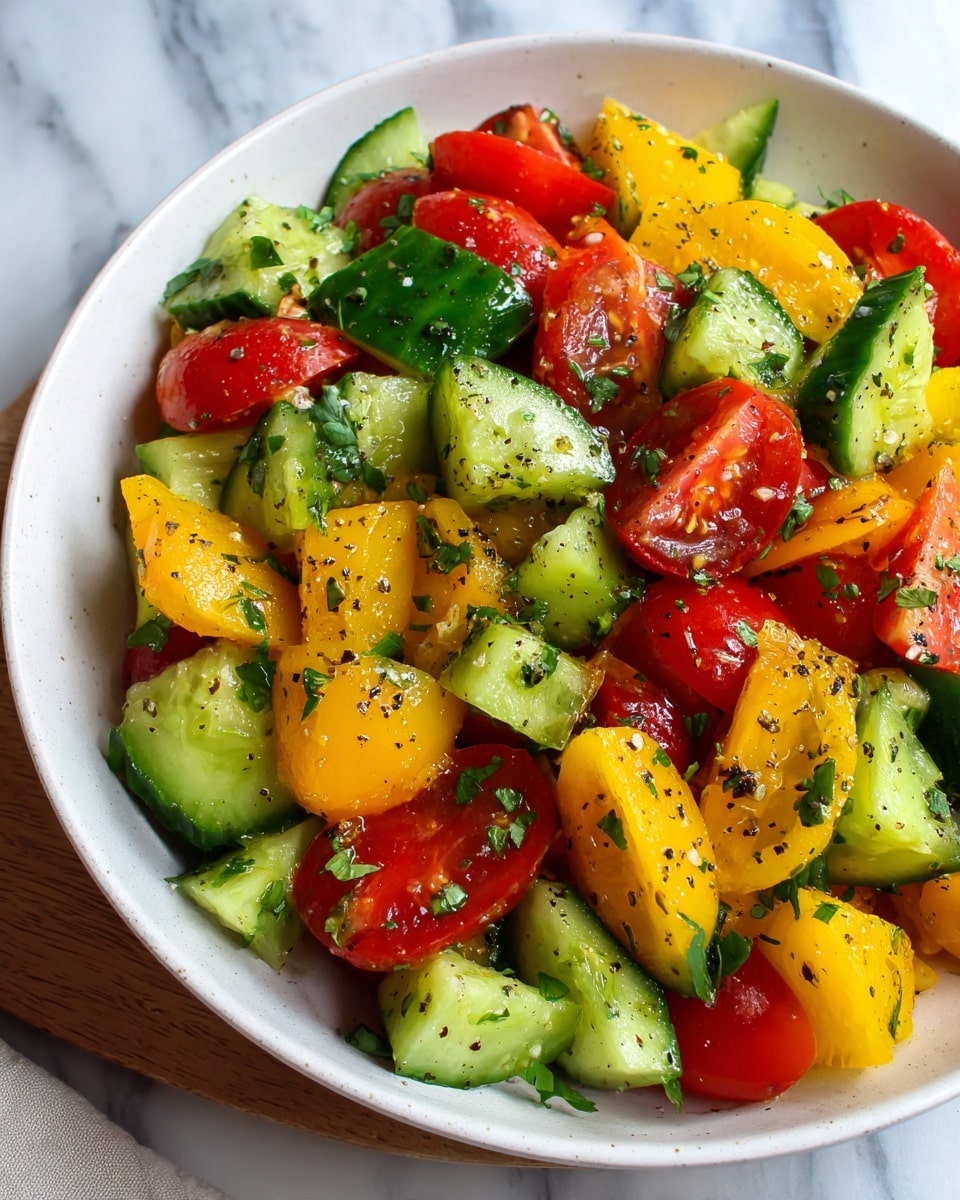 A close-up view of a fresh salad in a white bowl with a black rim, filled with large, uneven chunks of cucumbers in light and dark green shades, red and yellow tomatoes cut into thick pieces, and bright green parsley leaves scattered throughout. The salad is lightly coated in seasoning, including visible black pepper and white salt crystals, giving it a slightly glossy texture. Each vegetable piece is clearly defined, creating a colorful and crunchy mix. The bowl sits on a white marbled surface. photo taken with an iphone --ar 4:5 --v 7