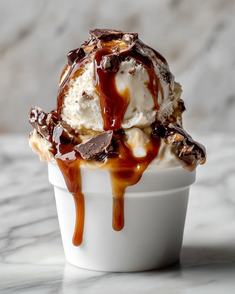 A white mug filled with one big scoop of white ice cream topped with small and large pieces of dark chocolate and drizzled with brown caramel sauce. The ice cream is smooth and creamy with some chocolate pieces sticking out. The caramel sauce flows down the sides of the ice cream and the inside of the mug. The mug sits on a white marbled surface with soft natural light. photo taken with an iphone --ar 4:5 --v 7