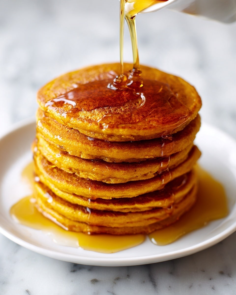 A stack of six pumpkin pancakes is shown in a close-up, each pancake fluffy with a warm orange-brown color and light browned spots on the surface. The stack is topped with a thick drizzle of amber syrup slowly dripping down the sides, adding a shiny texture. The pancakes are placed on a white plate, sitting on a white marbled surface. The image captures the rich, soft texture of the pancakes with the smooth, sticky syrup contrasting on top. Photo taken with an iphone --ar 4:5 --v 7