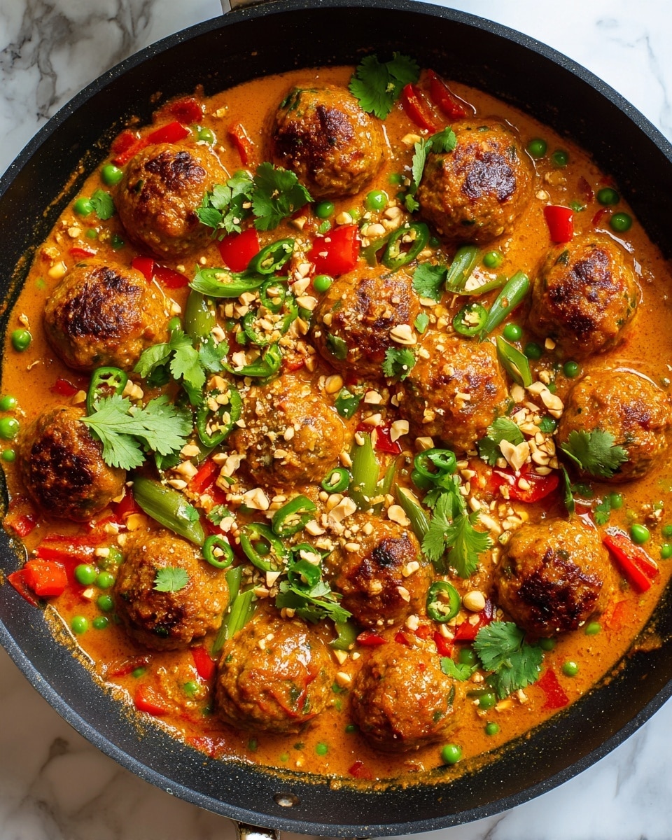 A black pan filled with round, golden-brown meatballs sitting in a rich orange curry sauce, which has visible chunks of red and green bell peppers, and green peas scattered throughout. The dish is topped with a sprinkling of chopped nuts and fresh cilantro leaves, adding green contrast. There are slices of green chili and small herbs scattered on top of some meatballs. The pan rests on a white marbled surface. photo taken with an iphone --ar 4:5 --v 7