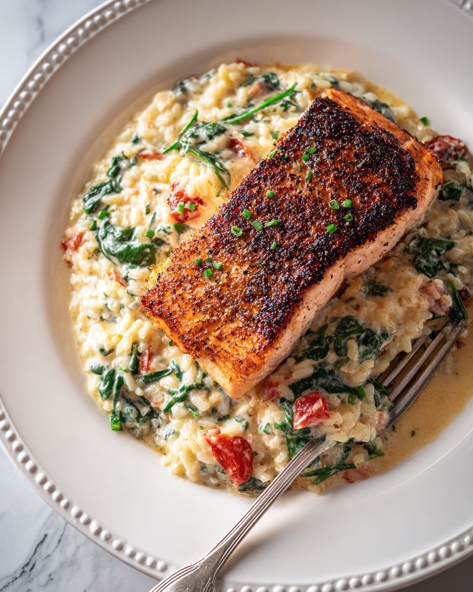 A white plate with a detailed rim holds a main dish of a grilled salmon fillet, cooked to a golden-brown with crispy edges, placed on top of creamy orzo pasta mixed with sautéed spinach and bits of red tomato. The orzo, light yellow and smooth, forms the base layer, while the spinach adds green soft textures and the tomatoes give small pops of red color scattered throughout. A silver fork rests on the right side of the plate, and the dish is set on a white marbled surface. The photo taken with an iphone --ar 4:5 --v 7