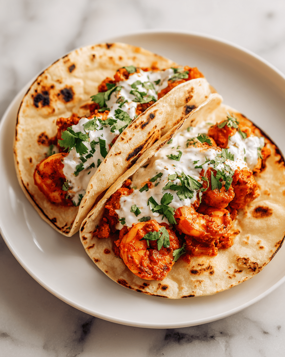 The image shows two shrimp tacos on a white plate with a white marbled surface beneath. Each taco has a soft, slightly toasted tortilla with brown spots and a light golden color. The bottom layer of the tacos is filled with cooked shrimp in a reddish sauce, giving a chunky texture and bright orange-red color. On top of the shrimp is a thick layer of creamy white sauce, dotted with some red seasoning. Fresh green chopped cilantro is sprinkled over the sauce for a fresh contrast. One taco is folded over, partly covering the open taco next to it, showing the shrimp and sauce layers inside. The overall look is warm and inviting with a mix of soft and fresh textures. photo taken with an iphone --ar 4:5 --v 7