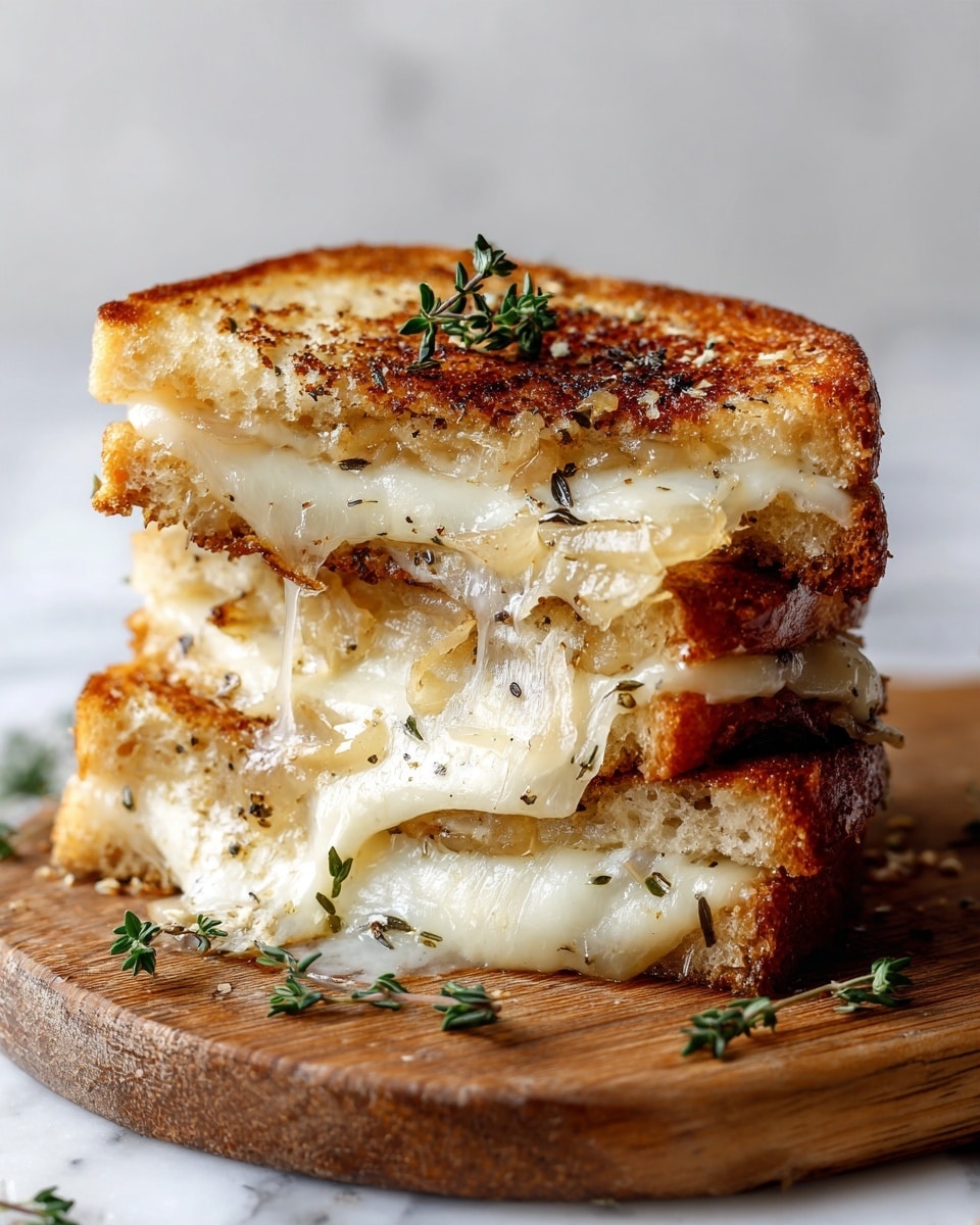 A close-up of a grilled cheese sandwich cut in half and stacked, showing three layers of golden brown toasted bread with a crispy texture; between the bread layers there are thick melted white cheese layers, slightly oozing and creamy, mixed with caramelized brown onions and dark red bits that appear to be dried fruit or chutney, all placed on a wooden board with a sprig of fresh green thyme on top and some more thyme around the base, with a white marbled texture surface in the background. photo taken with an iphone --ar 4:5 --v 7