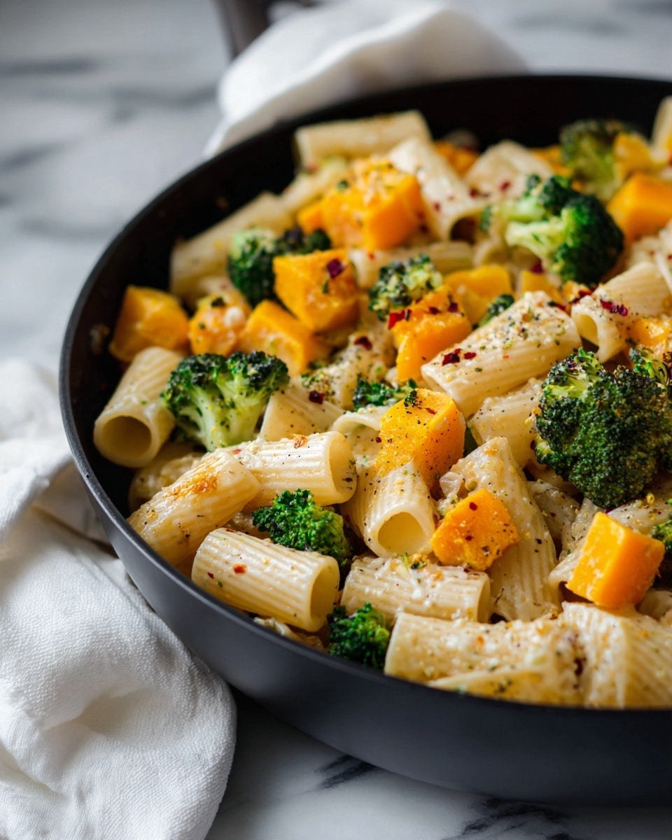 A round black skillet filled with cooked tube pasta mixed with chunks of orange squash, green zucchini, and small pieces of red tomato. The pasta is creamy and slightly saucy, with a light sprinkle of green herbs on top. The vegetables are cut into bite-sized pieces and evenly spread throughout the pasta, creating a colorful and textured dish. The skillet sits on a white marbled surface, and there is a white cloth partially visible near the top right corner. Photo taken with an iphone --ar 4:5 --v 7
