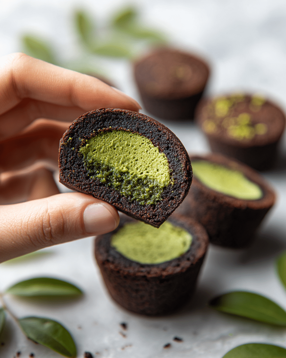 A close-up image shows a woman's hand holding a dark brown, round dessert with a rough outer texture and a smooth green filling inside. The dessert has a thick dark outer layer with some small chunks on the surface, and the green filling looks creamy and dense, spread evenly inside. In the background, more similar dark brown round desserts are slightly blurred, resting on a white marbled surface with scattered green leaves around them. The photo taken with an iphone --ar 4:5 --v 7