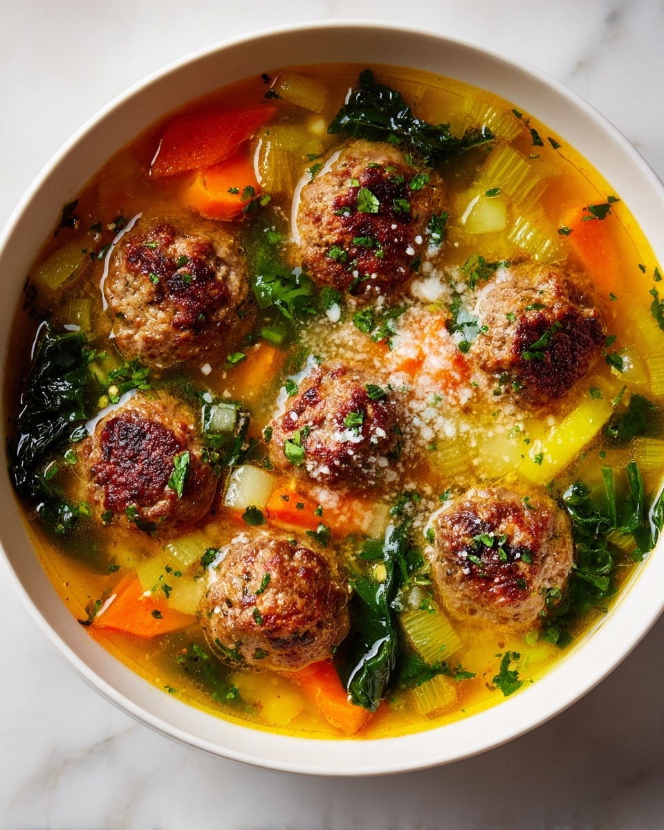A white bowl filled with a warm soup showing a clear orange broth with small oil droplets on top. Inside, there are six browned, textured meatballs spread across the surface, surrounded by bright orange carrot slices, chunks of green celery, and dark green leafy pieces. Some finely chopped green herbs are sprinkled over the soup and on the meatballs, with a small dusting of white cheese on one meatball near the front. The bowl sits on a white marbled surface with soft natural light highlighting the colors and textures. photo taken with an iphone --ar 4:5 --v 7