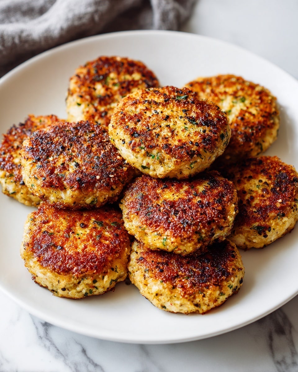 A white round plate holds nine golden-brown patties with a crispy, textured surface showing small green herb flakes and black pepper, arranged with three in the front row, four behind, and two more at the back. The patties look thick and juicy with slight unevenness on the sides, and the plate sits on a white marbled surface with a grey cloth partially visible in the background. photo taken with an iphone --ar 4:5 --v 7