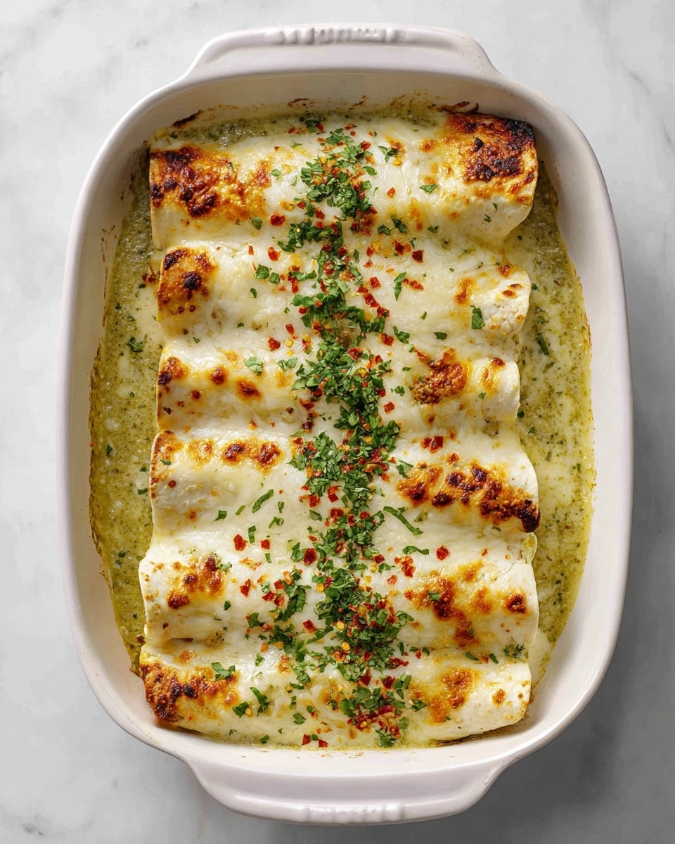 A white baking dish holds four enchiladas arranged side by side, each wrapped in a lightly golden brown tortilla. They are covered by a thick layer of melted, creamy white cheese that is browned and bubbly in spots. A pale green sauce surrounds the enchiladas, pooling around the edges of the dish. Bright green chopped fresh herbs are sprinkled down the middle of the enchiladas in a line, with small red chili flakes scattered across the cheese. The dish sits on a white marbled surface. photo taken with an iphone --ar 4:5 --v 7