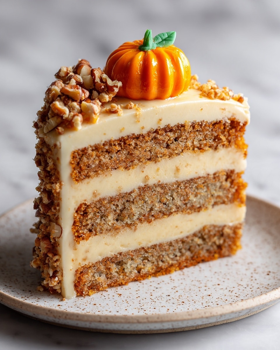 A tall slice of layered cake stands on a white speckled plate against a white marbled background. The cake has three visible layers of light brown sponge with a speckled texture. Between each sponge layer and covering the whole outer side is a creamy layer of light orange frosting with a smooth texture. On top of the cake, there is a topping of finely chopped nuts and a small, detailed orange pumpkin decoration placed off-center. The cake slice looks moist and airy with the frosting neatly spread all around. Photo taken with an iphone --ar 4:5 --v 7