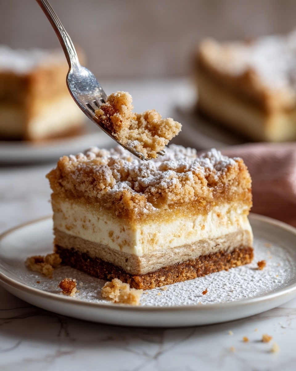 A close-up of a two-layer cake slice on a white plate with a white marbled texture surface underneath. The bottom layer is dark brown and crumbly, showing a rich, textured base. The top layer is lighter beige, speckled with oats or nuts, creating a rough, grainy texture. A small amount of powdered sugar is lightly dusted over the top, adding a soft white contrast. A silver fork is gently pressing into the side of the cake slice, partially breaking it apart and showing the moist, crumbly inside. In the background, there is a blurred second slice of the same cake on a white plate. Photo taken with an iphone --ar 4:5 --v 7