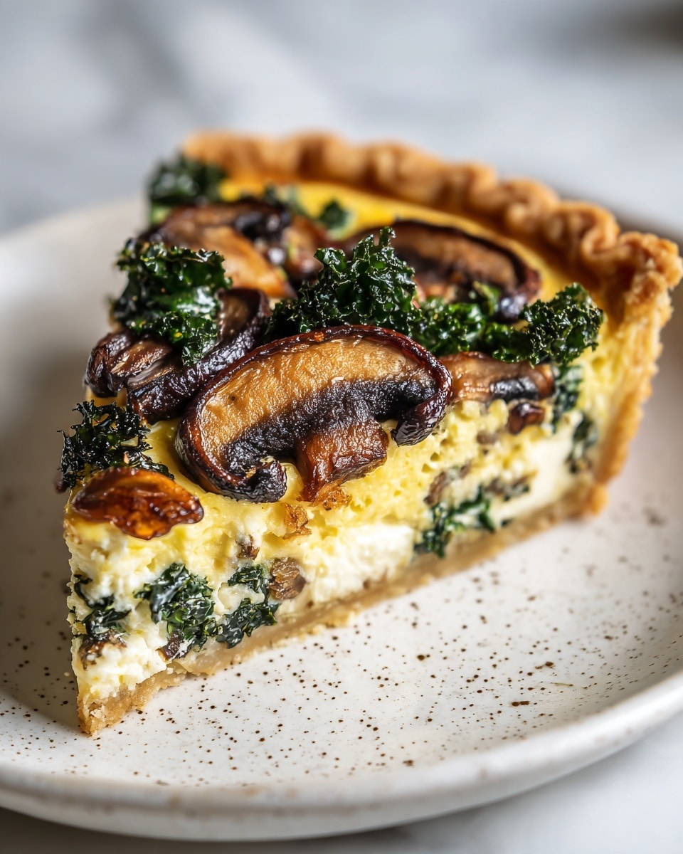 A close-up of one slice of quiche on a white plate, showing four main layers: the bottom is a light golden crust with a firm texture, the next is a thick pale yellow egg and cheese mixture, followed by a bright green layer of cooked kale, and topped with browned, juicy mushroom slices that have a slightly crispy edge. The quiche edges show a fluted pattern from the crust. The white marbled textured background adds softness to the scene. photo taken with an iphone --ar 4:5 --v 7
