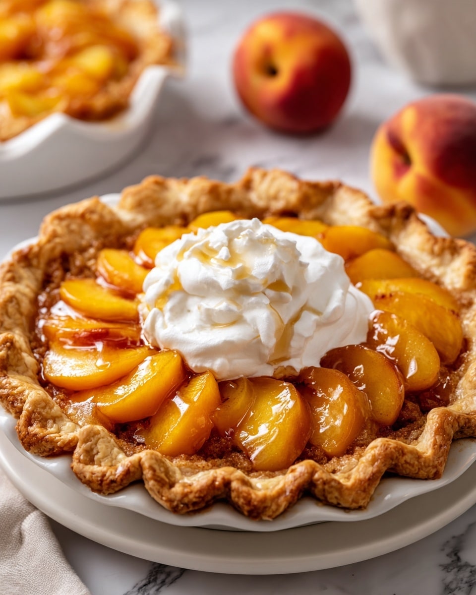 A single slice of peach pie is shown on a white plate placed on a white marbled surface. The pie has a golden-brown, flaky crust with a scalloped edge. Inside, there are several peach slices arranged neatly on top, showing a bright orange-yellow color with a shiny glaze. Beneath the peaches, there is a brown, crumbly layer that looks like brown butter crumb topping. At the center of the pie slice, there is a dollop of white whipped cream with a drizzle of light maple syrup over it. In the background, there is a white pie dish with more pie and a whole peach partially out of focus. Photo taken with an iphone --ar 4:5 --v 7