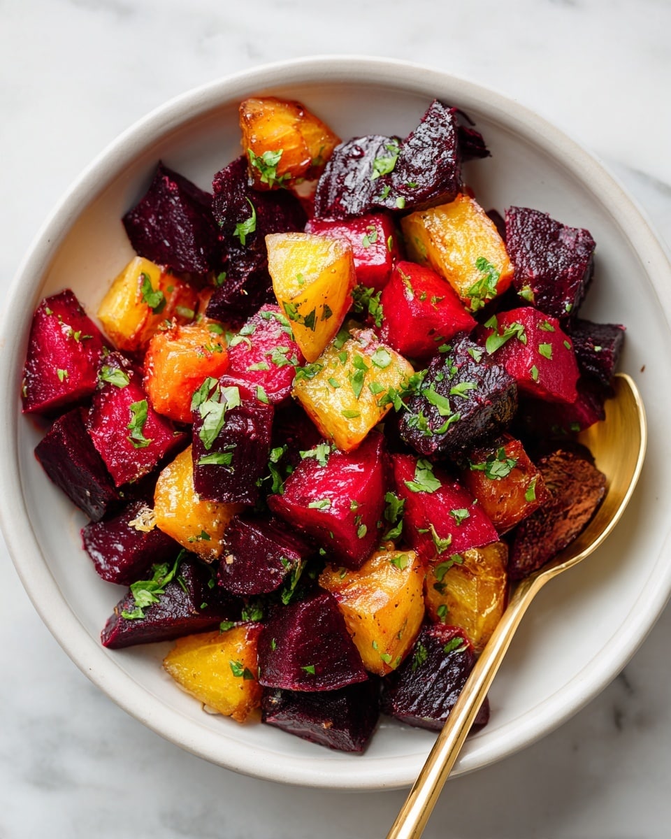 The image shows a white bowl filled with roasted beetroot pieces in three colors: deep purple, bright red, and golden yellow. The beet pieces are cut into uneven chunks with a slightly crispy texture on the outside, glistening with light oil. A golden spoon rests inside the bowl on the right side, ready to serve. The bowl is placed on a white marbled surface with some green herbs sprinkled around it. Photo taken with an iphone --ar 4:5 --v 7