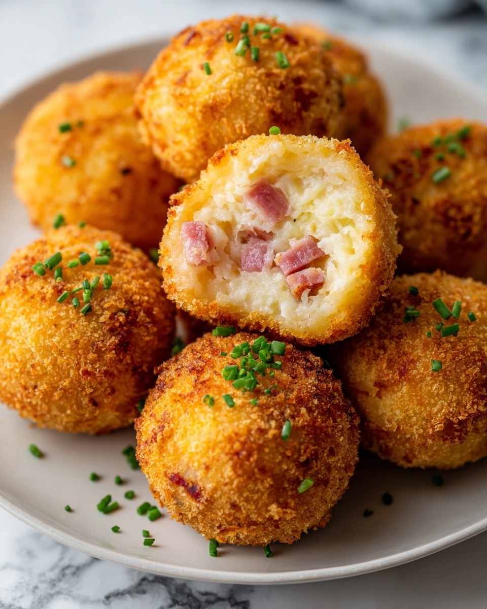 The image shows a close-up of several round, golden-brown fried balls, with a crispy, crunchy outer layer. One ball is broken open in the center, revealing a soft, creamy inner layer mixed with small bits of reddish meat inside. The balls are sprinkled lightly with tiny green chives, adding a fresh pop of color. They sit together on a white plate, placed on a white marbled surface. A woman's hand is not visible but implied as it holds the broken ball. Photo taken with an iphone --ar 4:5 --v 7